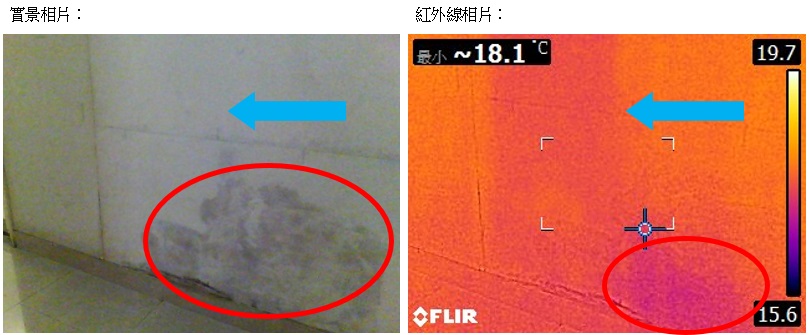 天頌苑一個單位內的牆身近地台位置有一大片水漬，及其相應的紅外線相片