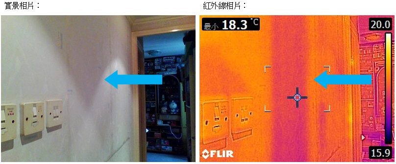 天頌苑一個單位內的牆身有長長的水痕，及其相應的紅外線相片